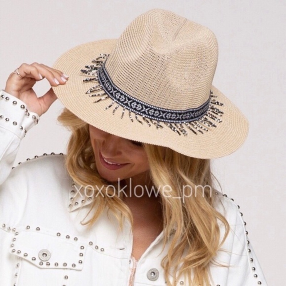 POL Natural + Decorative Beaded Fringe Band Woven Sun Hat